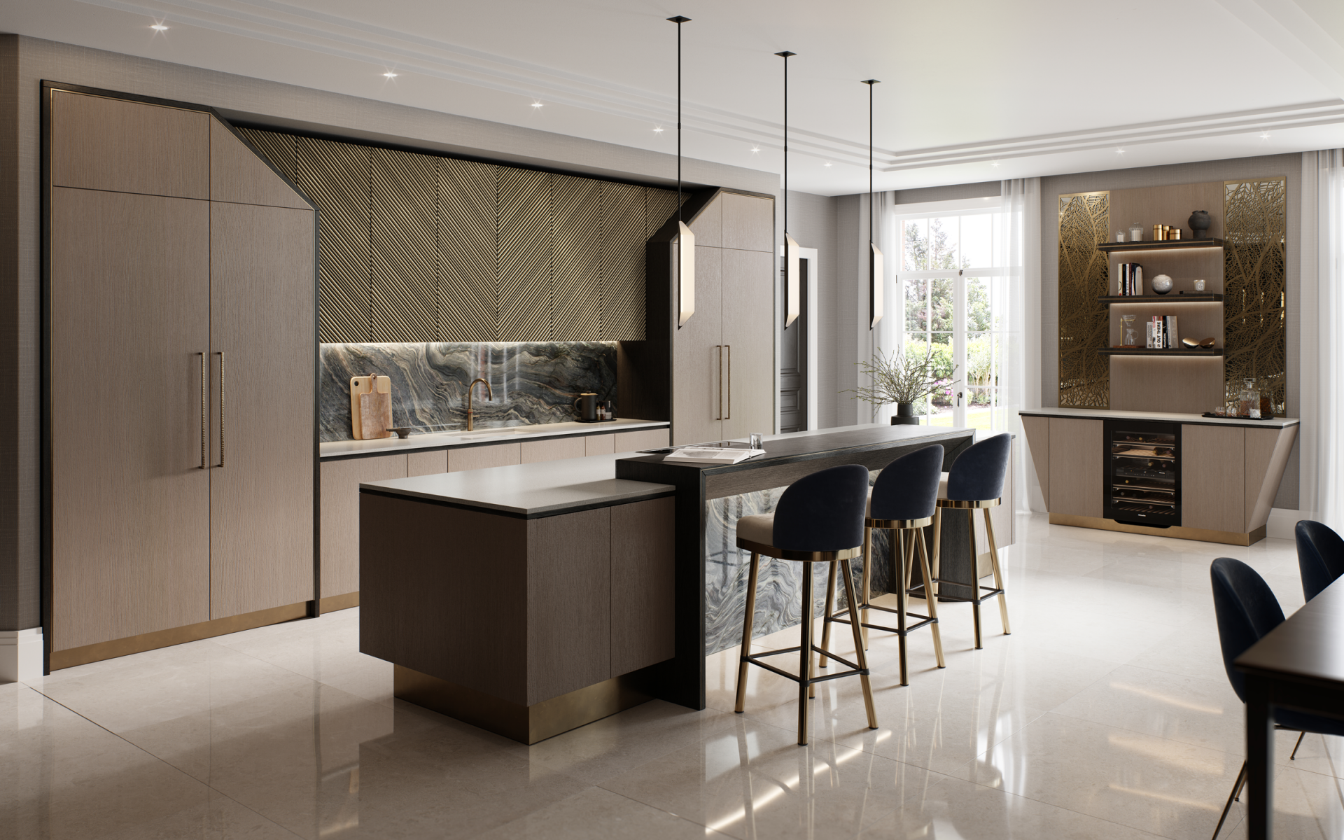 luxury kitchen with home bar drinks cabinet