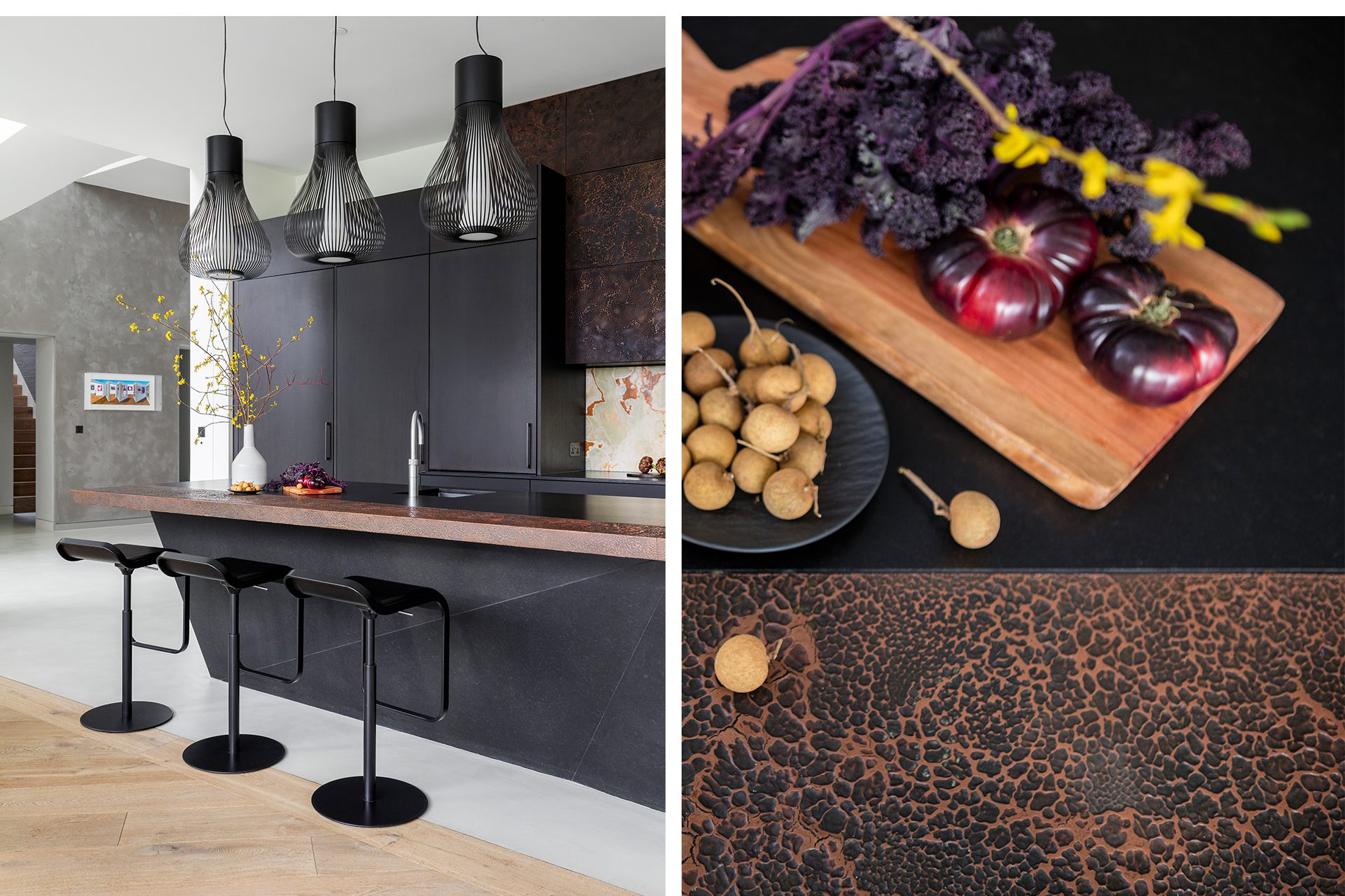 luxury black kitchen with copper breakfast bar