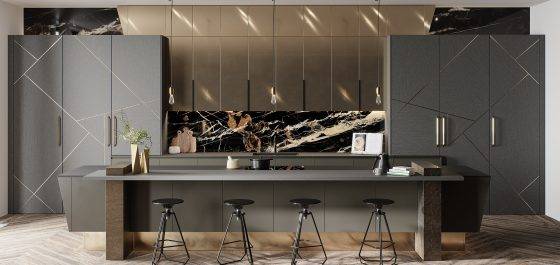luxury kitchen design with brass inlays and molten metal