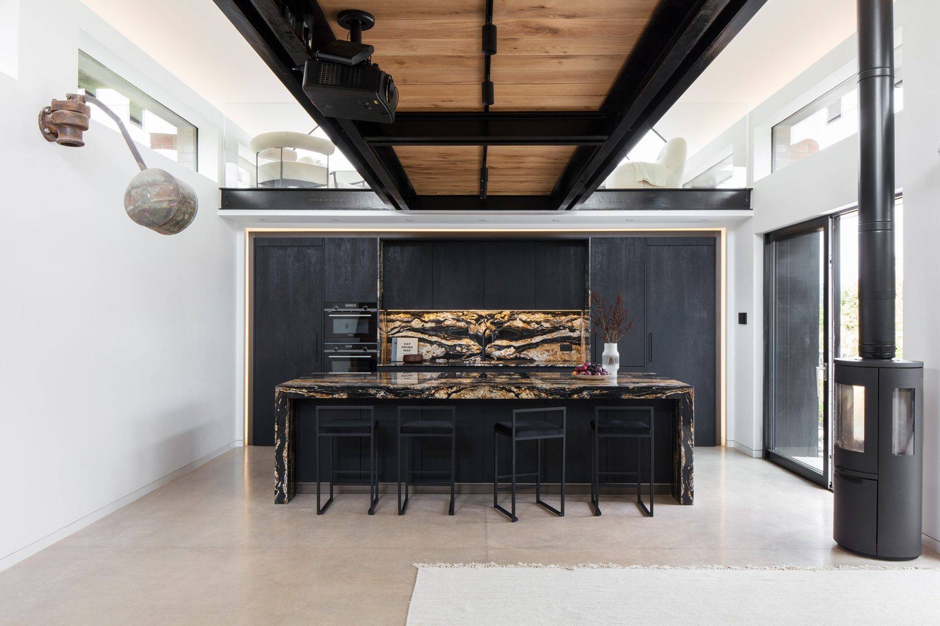 black kitchen with industrial architecture