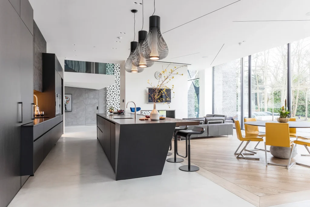 architectural open plan kitchen with dining and lounge