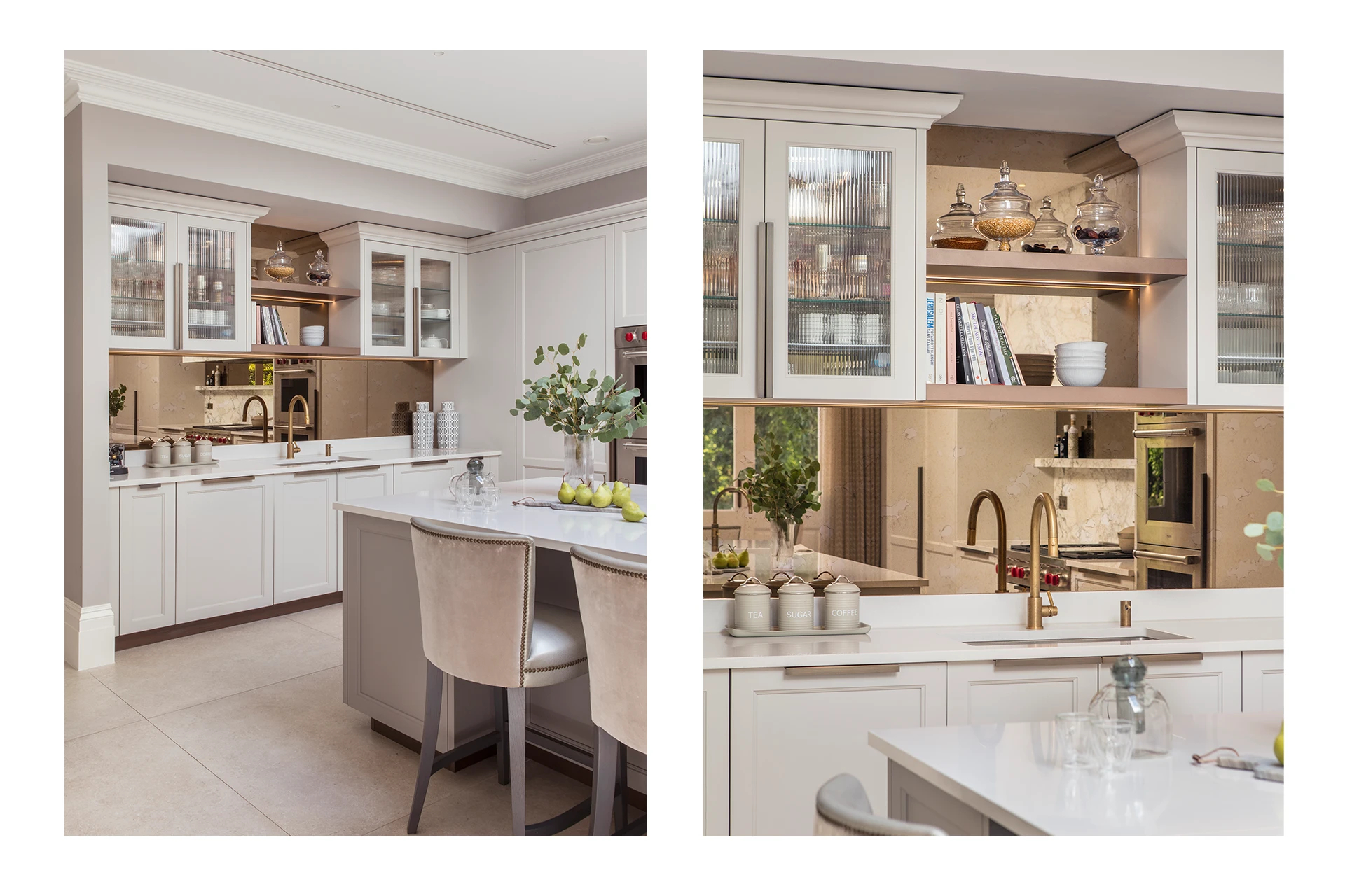 Fluted glass cabintery, bronze splashback, open-shelving and a brass tap.
