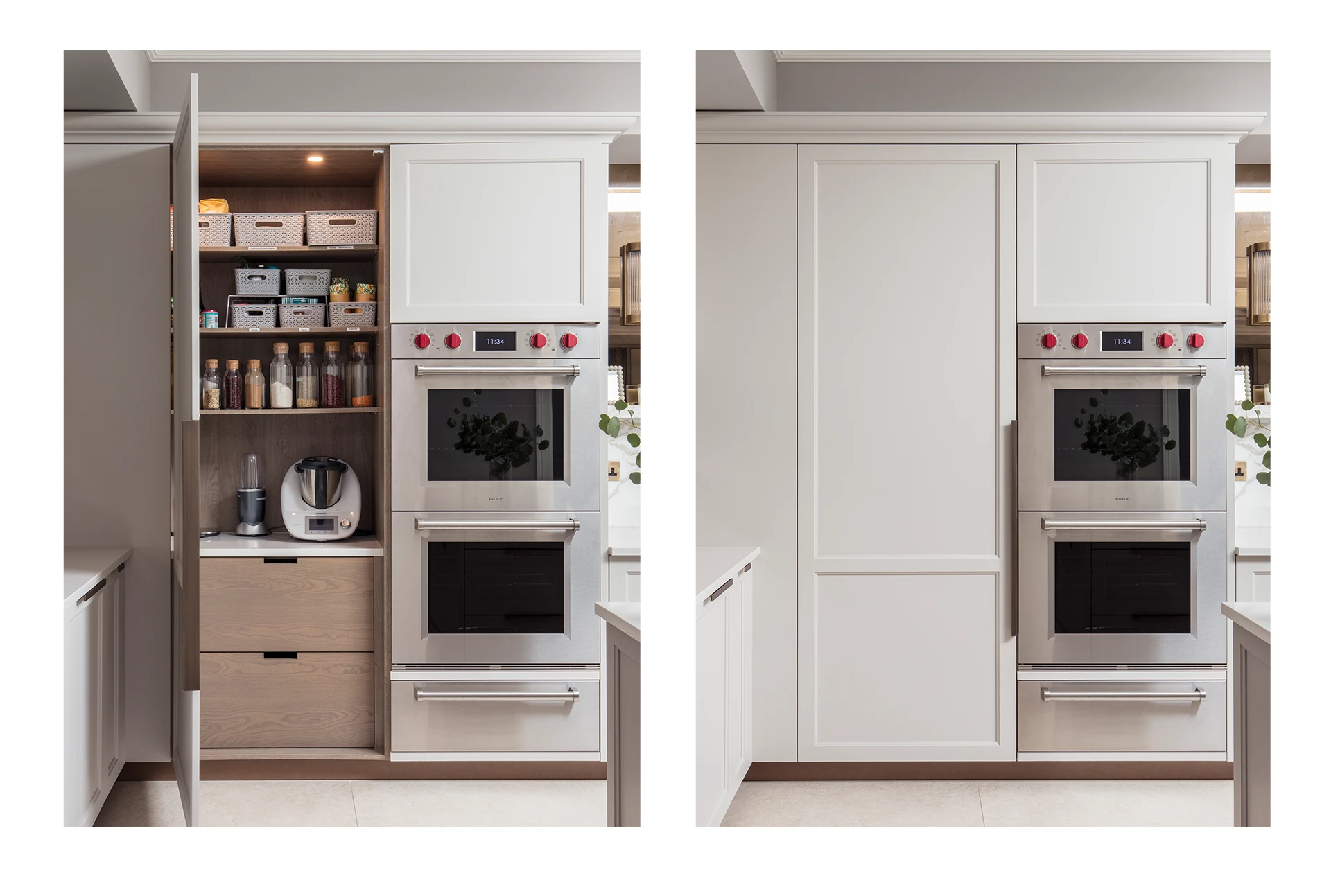Bespoke full height oak-lined corner pantry and Wolf integrated ovens.
