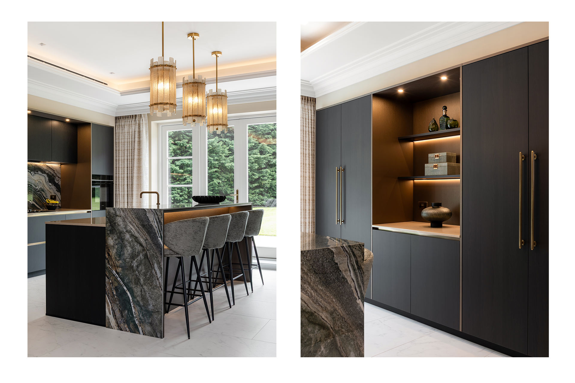 a bespoke modern kitchen with black cabinets, bronze framing, bronze handles and bold veined natural stone