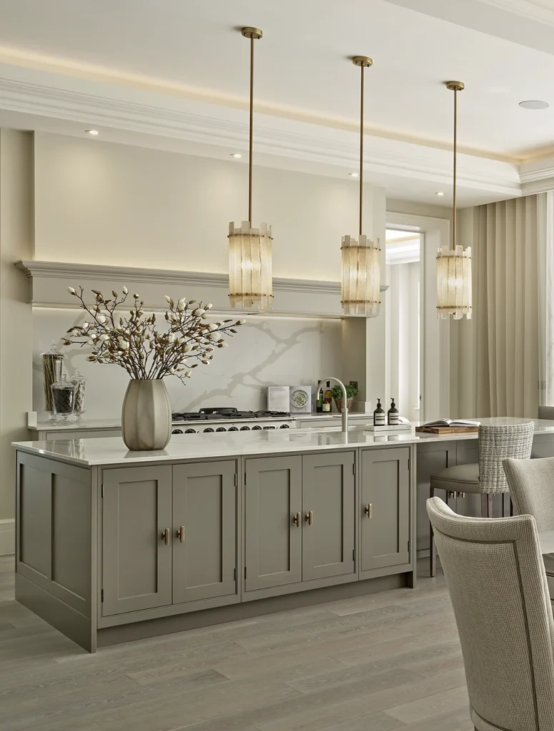Classic kitchen in bespoke shaker kitchen style with handpainted island, marble hob splashback and brass pendant lighting above island
